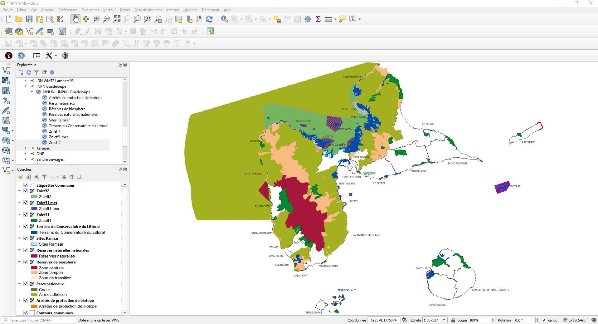 Aperçu de l’interface QGIS lors de l’utilisation de la connexion WMS décrite en exemple